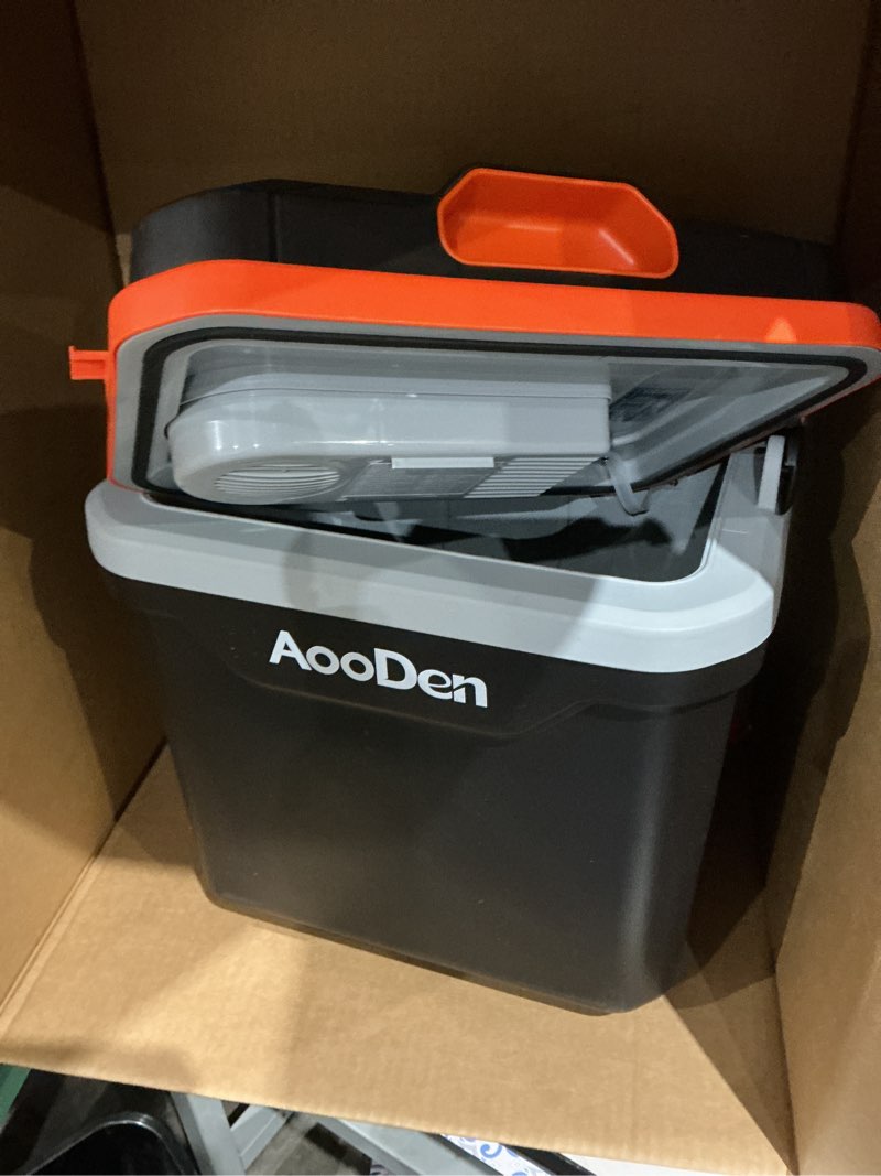 Condition photo showing As Is for aooden electric car cooler and warmer, 26 quart capacity, thermoelectric iceless cooler for travel, camping, vehicles, truck, home - 12v dc and 120v ac (black & orange)