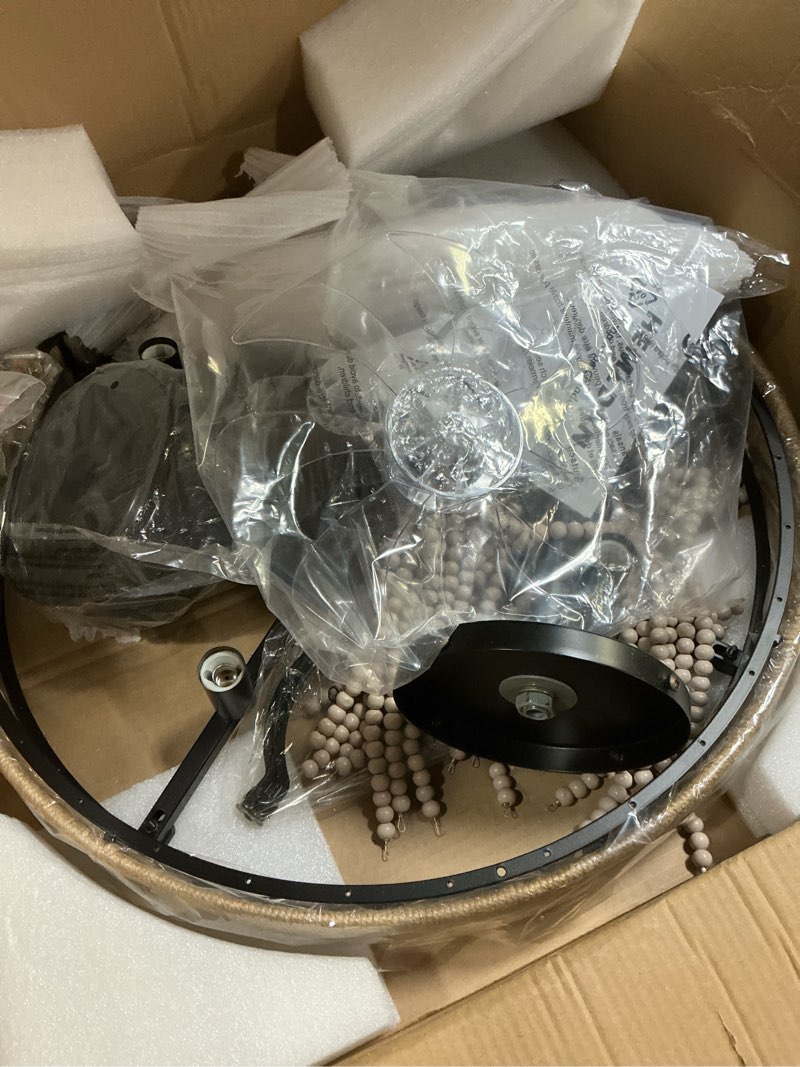 Condition photo showing New/Like New for bohemian empire style chandelier fan with 64 wood bead strands, 7-blade invisible, remote/app control, 20'' ceiling light fixture for living room bedroom dining (black, 20'' boho style) black 20 inch, wooden bead