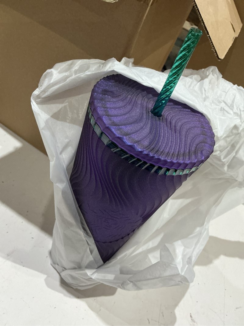 Condition photo showing New/Like New for pack of 4 starbucks wavy plastic cold cup, 24 oz, reusable tumbler with straw and lid, textured wave design, bpa-free, purple with embossed siren logo (pack of 4)