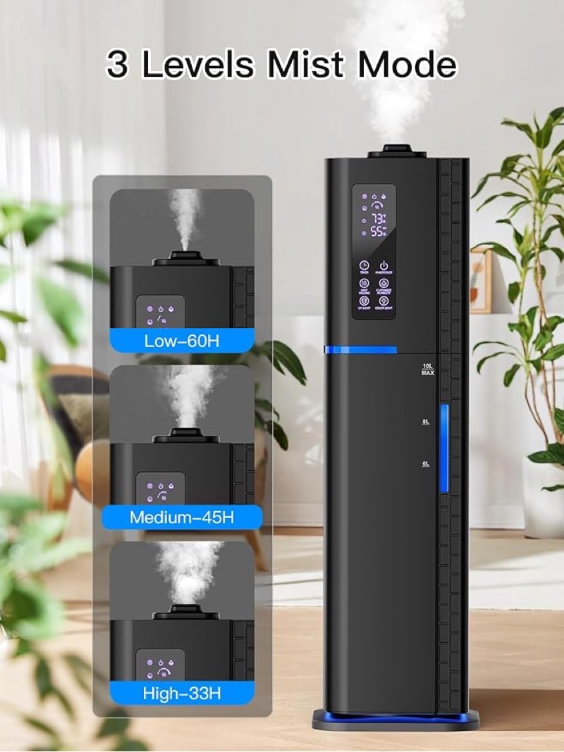10l/2.64gal humidifier, top fill quiet ultrasonic cool mist humidifiers for bedroom, covers 550ft², 60h runtime, 24h timer, 3 mist modes humidifier large room, home, office, plants, black