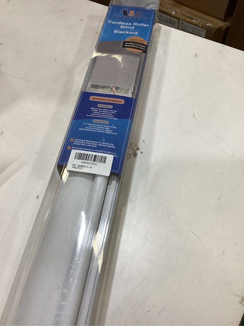 Condition photo showing New/Like New for cordless blackout roller shades for indoor windows – jacquard linen look, thermal uv blocking pull down blinds for bedroom, office, home(linen ivory white,51"x72") linen white 51wx72h