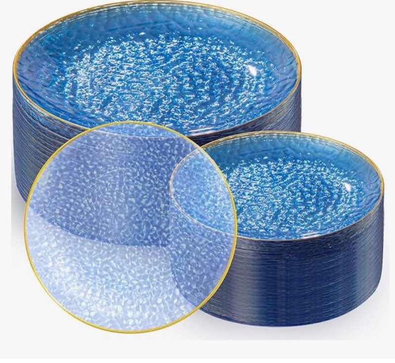 Condition photo showing New/Like New for blue sky organic hammered blue with gold rim plates - 10 count, 7" | round disposable plastic, elega