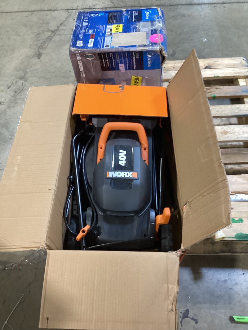 Condition photo showing As Is for worx 14" cordless lawn mower, 2 in 1 electric mower cuts quietly, compact & lightweight push lawn mower with 6-position height adjustment for small yards, 2 batteries & charger included, wg779 14" 40v mower w/(2) 4.0ah batteries