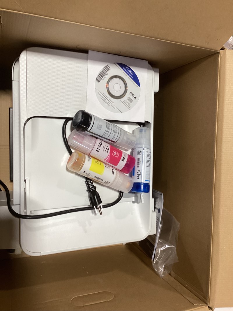 Condition photo showing As Is for epson ecotank et-4800 wireless all-in-one cartridge-free supertank printer with scanner, copier, fax, adf and ethernet – ideal-for your home office, white et-4800 white fax/adf/print/copy/scan