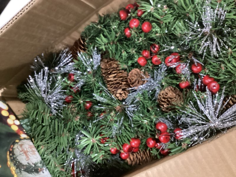 Condition photo showing Good Condition for Pre-Lit Artificial Christmas Garland, Green, White Lights 50, Decorated with Pine Cones, Berry Clusters, Plug in, Christmas Decorations, 9 Feet