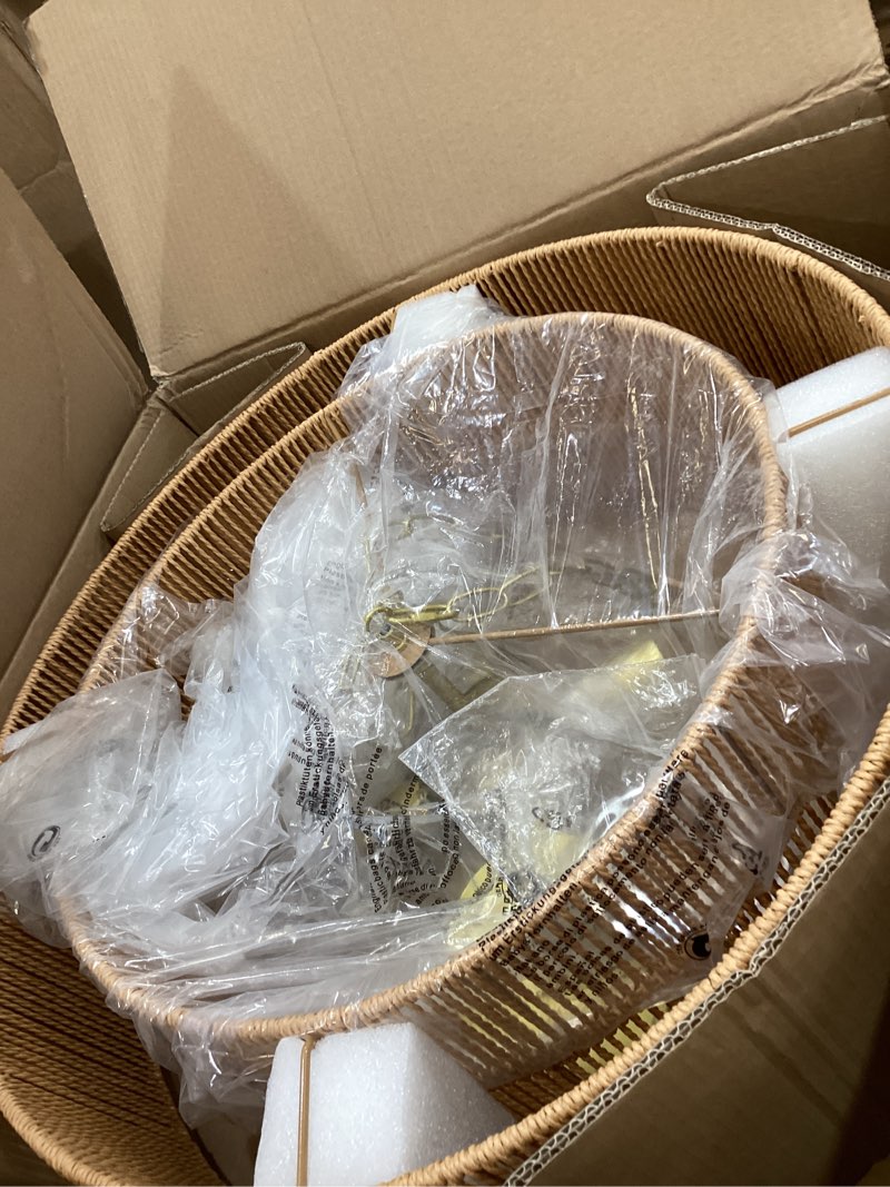 Condition photo showing Good Condition for 3-tier large farmhouse rattan chandeliers, 22.8in wicker hanging pendant lights, woven boho chandeliers, hemp rope lighting fixture for kitchen island, dining room, living room brown 22.8in