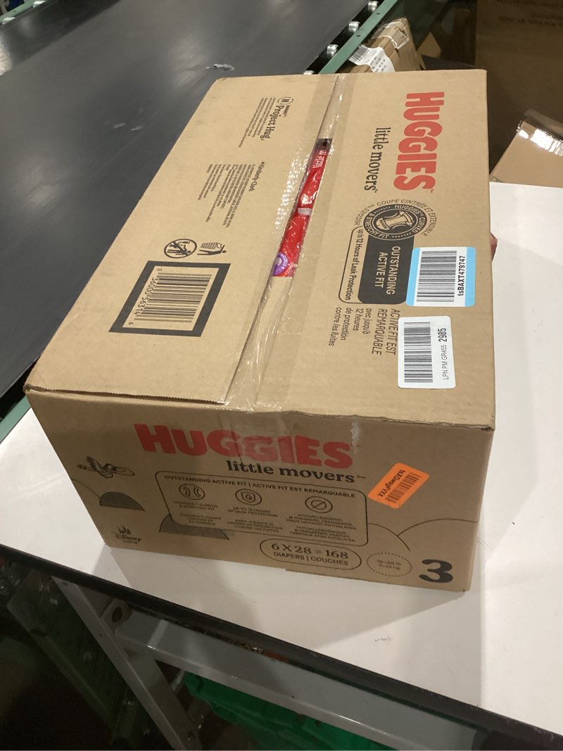 Condition photo showing New/Like New for huggies size 3 diapers, little movers baby diapers, size 3 (16-28 lbs), 168 count (6 packs of 28), packaging may vary