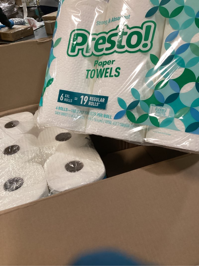 Condition photo showing New/Like New for Amazon Brand - Presto! Ultra-Strong Premium Paper Towels, 158 Sheet Huge Roll - Flex-a-Size, 12 Rolls (2 Packs of 6), Equivalent to 38 Regular Rolls, White Huge 12 Rolls (158 Sheets each)