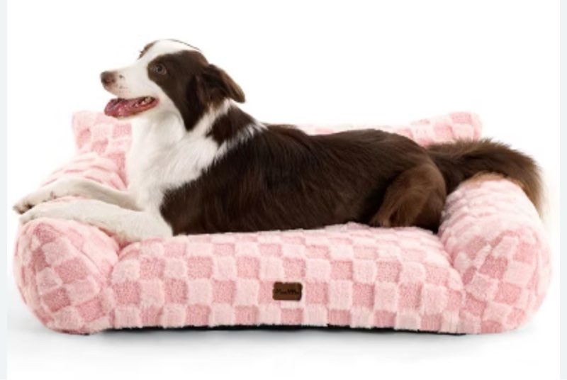 Made4Pets Cat and Dog Couch Bed, Soft Faux Fur Checkered Pet Sofa, Removable Washable Cover with Non-Slip Base, Blue, Medium 