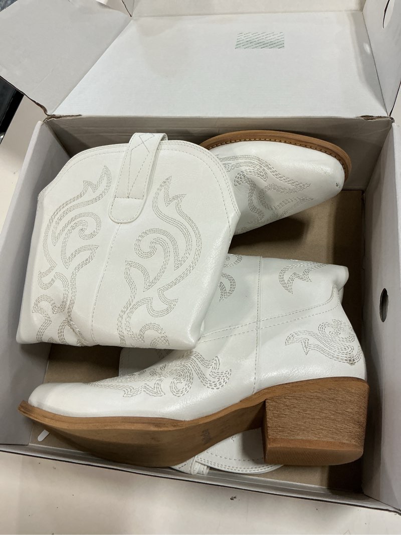 Condition photo showing As Is for hisea rollda cowboy boots for women western cowgirl boots with chunky heel ladies snip toe mid-calf boots 7.5 white