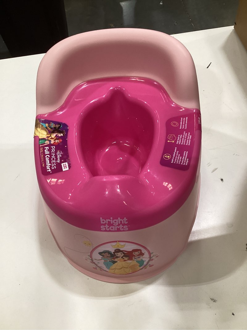 Condition photo showing As Is for bright starts disney princess full comfort potty training toilet, easy clean removable bowl, splash guard, high back for comfort & stability, toddlers up to 50 lbs pink