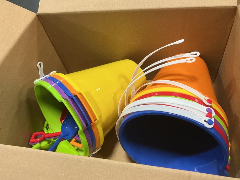Condition photo showing As Is for didaey 12 set beach sand buckets and shovels set includes 9 inch large sand buckets and shovels beach pails toys for kids for summer theme party favors summer game (multicolor) multicolor 12