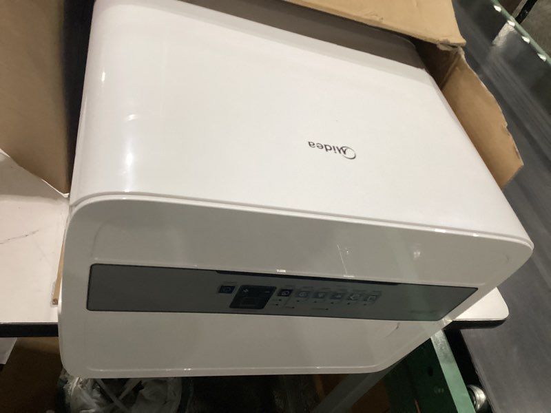Condition photo showing As Is for midea 4,500 sq. ft. dehumidifier with pump included, 50 pint - ideal for basements, large & medium sized rooms, and bathrooms (white) 4,500 sq. ft. with pump - wifi