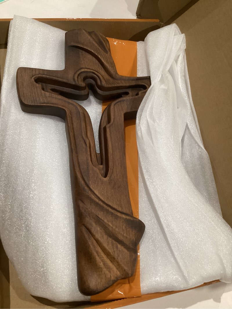 Condition photo showing Good Condition for bgcopper wooden cross for wall, handmade crucifix wall cross jesus ascension cross wall decor for home easter christmas gift (14 inch) 13.8"l x 7.6"w