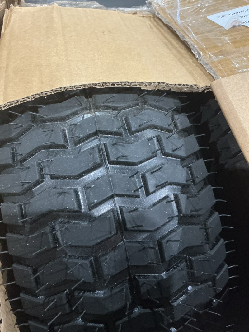 Condition photo showing Good Condition for 2pc 15x6.00-6 nhs front tire and wheel, 4 ply tubeless, 3/4" bearing with extra 5/8", compatible with most john deere 100 and 300 series, 3"-4.4" offset hub, fits 3/4" and 5/8" axles for riding mower. 2pc 15x6-6 tubless