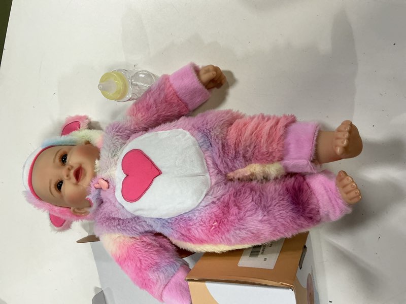 Condition photo showing Good Condition for babeside baby dolls, 15-inch realistic cute soft cloth body baby doll real life baby dolls with accessories in rainbow plush bear outfit for 3+ year old girls gifts, pretend play, collection