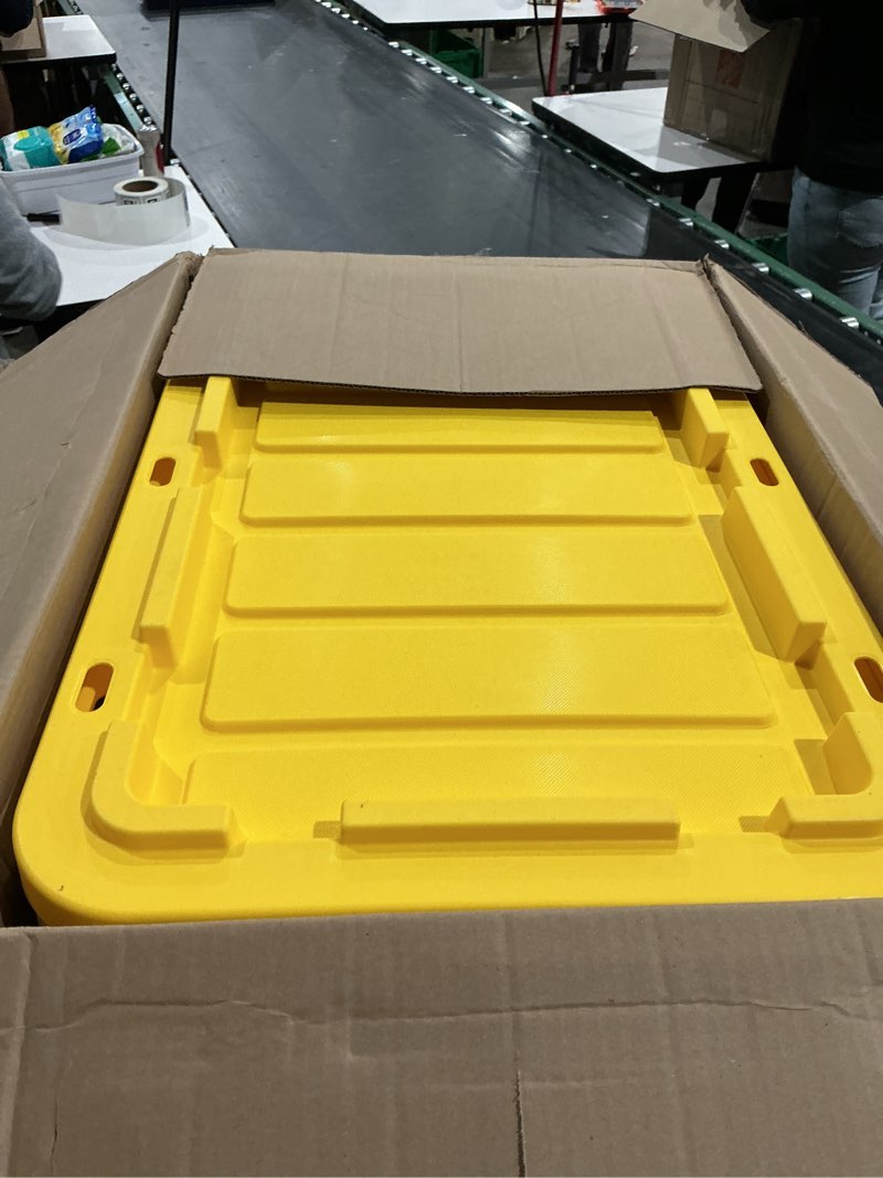 Condition photo showing As Is for iris usa 2-pack 27 gallon storage bins with lids |made in usa| heavy duty plastic tote containers for truckbed tool box organization, large - black/yellow yellow 2 - pack