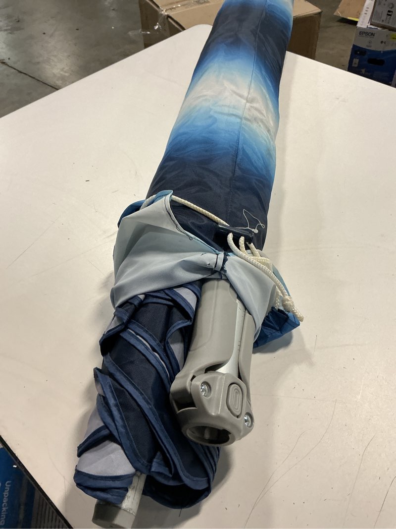 Condition photo showing As Is for fisqueen 8ft large beach umbrella with level 7 wind resistance sand anchor sand bag, portable outdoor umbrella with upf50+ uv protection, tilt sun shelter for beach, patio, yard blue