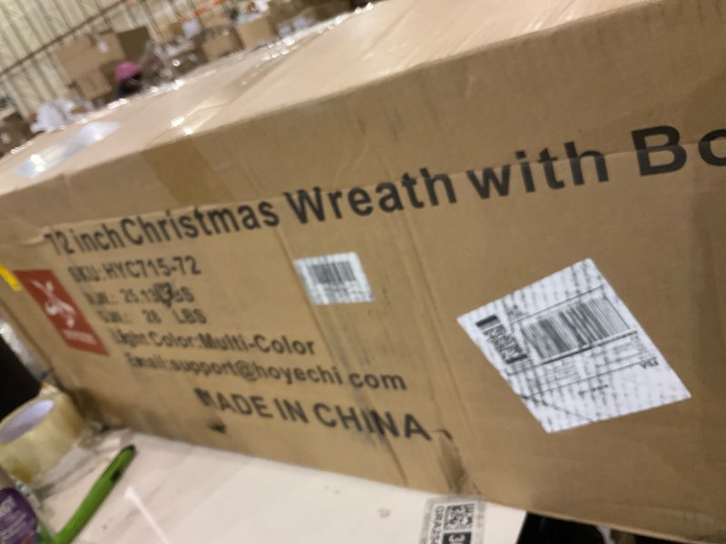 Condition photo showing As Is for HOYECHI 48in Pre-Lit Christmas Wreath with Bow – 270 Colorful LED Lights, 700 PVC Tips, Timer, Remote & Hook, Large Outdoor Holiday Decor for Front Door, Wall, Garage, Power Plug-in 48 Inch