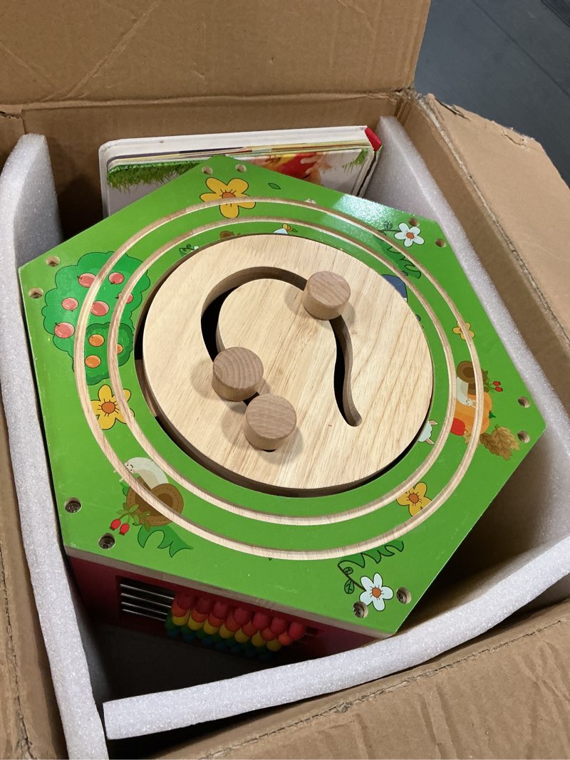 Condition photo showing Good Condition for Large Activity Cube, 9-in-1 Farm-Themed Wooden Play Center, Multipurpose Montessori Toy for 1-2 Year Old Baby Toddler Kid, First Birthday Gift | Bonus Magnetic Train Cars 6-sided Activity Cube