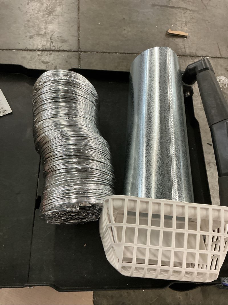 Condition photo showing As Is for dryer exhaust kit, includes 4 in. exhaust pipe with louvered vent and pest guard, 8 ft. flex duct and clamps