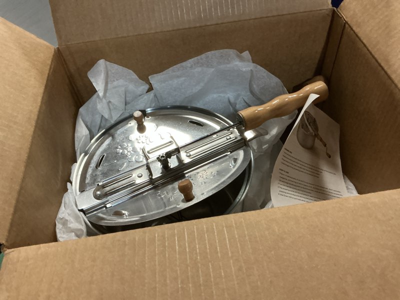 Condition photo showing As Is for Stovetop Popcorn Maker - 6-Quart Aluminum Popcorn Popper with Hand Crank, Vented Lid, and Stir Paddle by Great Northern Popcorn (Silver)