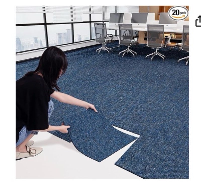 uyoyous 20 Pack Commercial Carpet Tiles, 20'' x 20'' Reusable Carpet Squares with Stickers, 53.8 Sq Ft PVC Backed Carpet Floor Tiles for Home Office, Blue