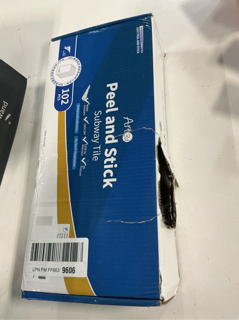 Condition photo showing New/Like New for Art3d 102-Piece Peel and Stick Wall Tile for Kitchen Backsplash, Bathroom, Fireplace, 3in. × 6in. Stick on Subway Tile, Glossy White 3" X 6“ Glossy White 102