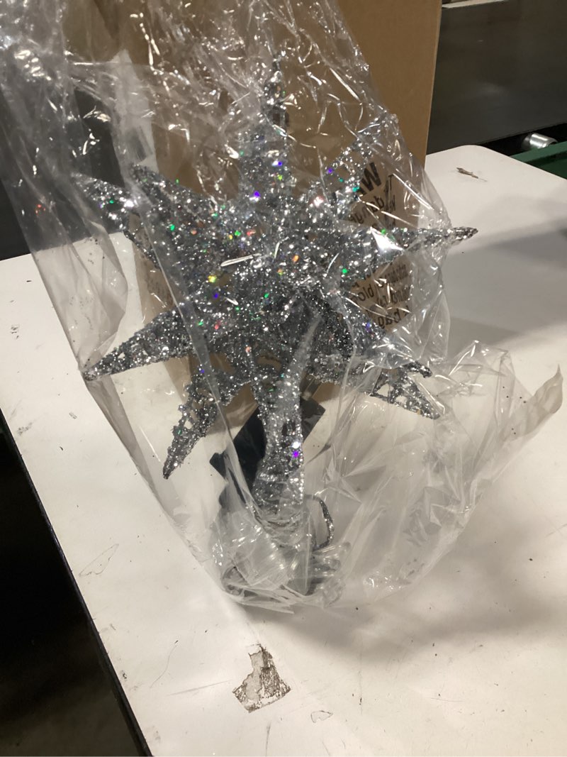 Condition photo showing Good Condition for Luxspire Christmas Tree Topper, 3D Starburst Lighted Tree Topper, Plug in Christmas Star with Timer & Remote Control, Light Up Xmas Vintage/Modern Decorations for Holiday, Silver A-bursting Star-silver