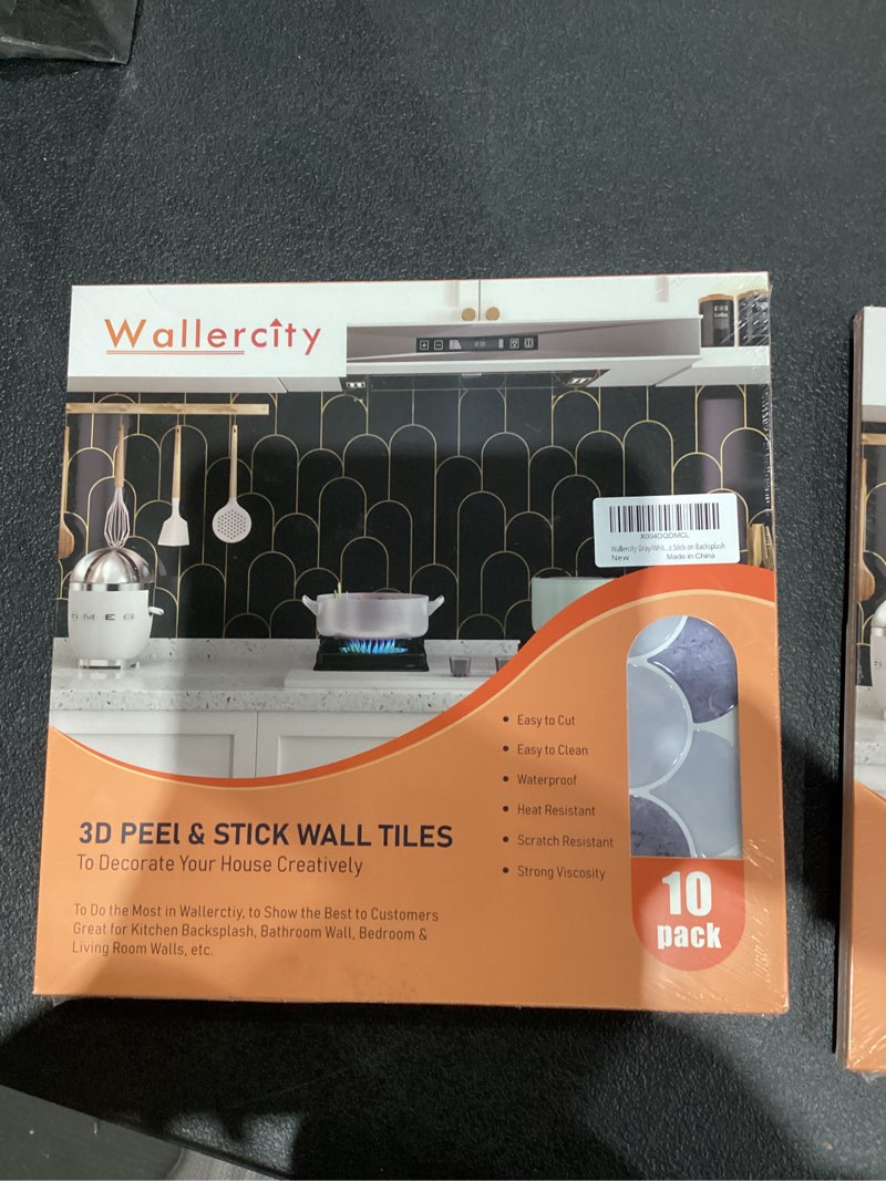 Condition photo showing New/Like New for Wallercity Grey/White Kitchen Backsplash Peel and Stick Fish Scale Subway Tile 12''x12'' Waterproof Kitchen Backsplash Tiles for Bathroom 3D Vinyl Marble Shell Tile Sticker Stick on Tiles 10 Sheets 12x12 Inches Gray/White