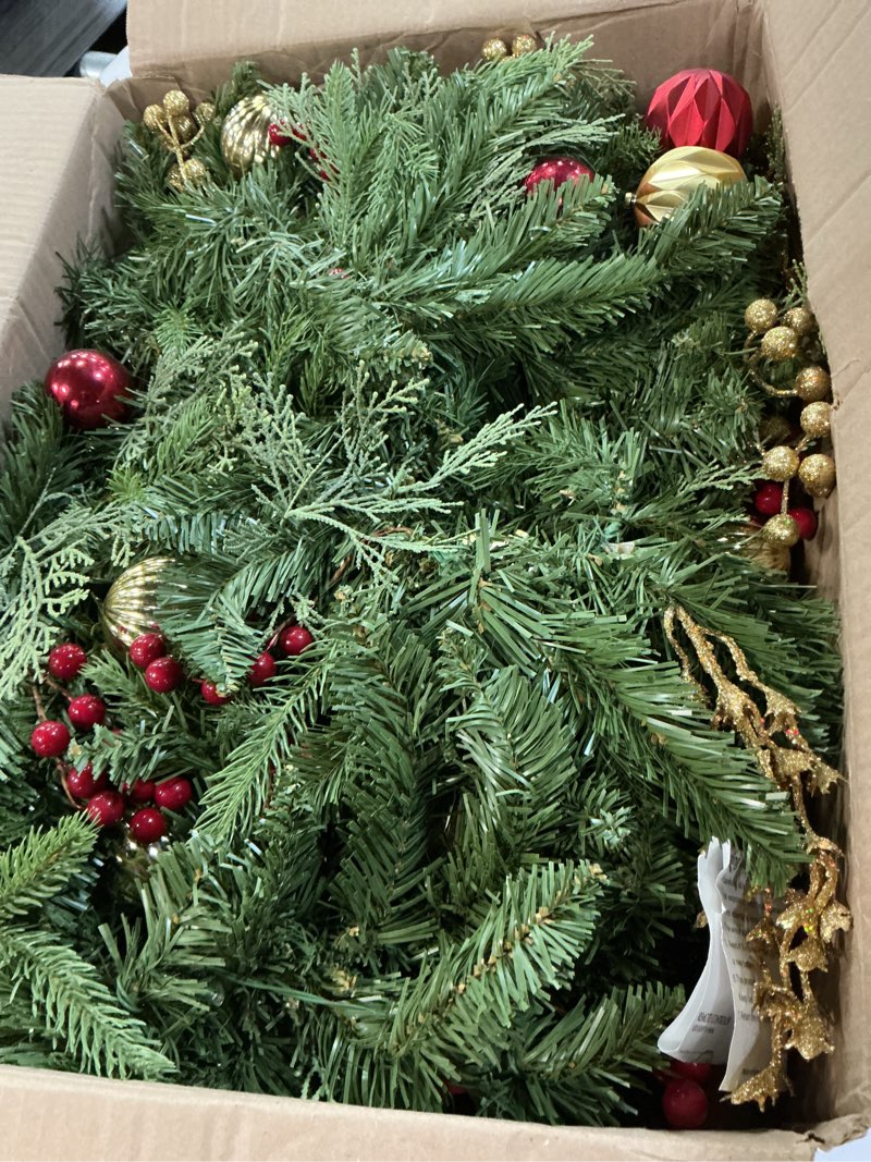 Condition photo showing As Is for 9ft prelit artificial christma garland with dual color led lights and timer by remote control and batteries operated, home mantle stairs railing fireplace outdoor indoor wall battery operated polypropylene red gold 9ft