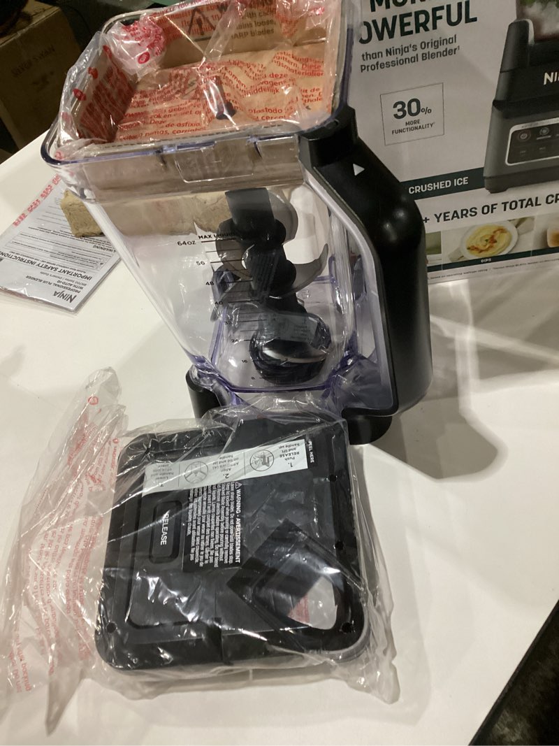 Condition photo showing New/Like New for Ninja BN701 Professional Plus Blender, 1400 Peak Watts, 3 Functions for Smoothies, Frozen Drinks & Ice Cream with Auto IQ, 72-oz.* Total Crushing Pitcher & Lid, Dark Grey 64 oz. Blender + Total Crushing Pitcher, NOT TESTED 