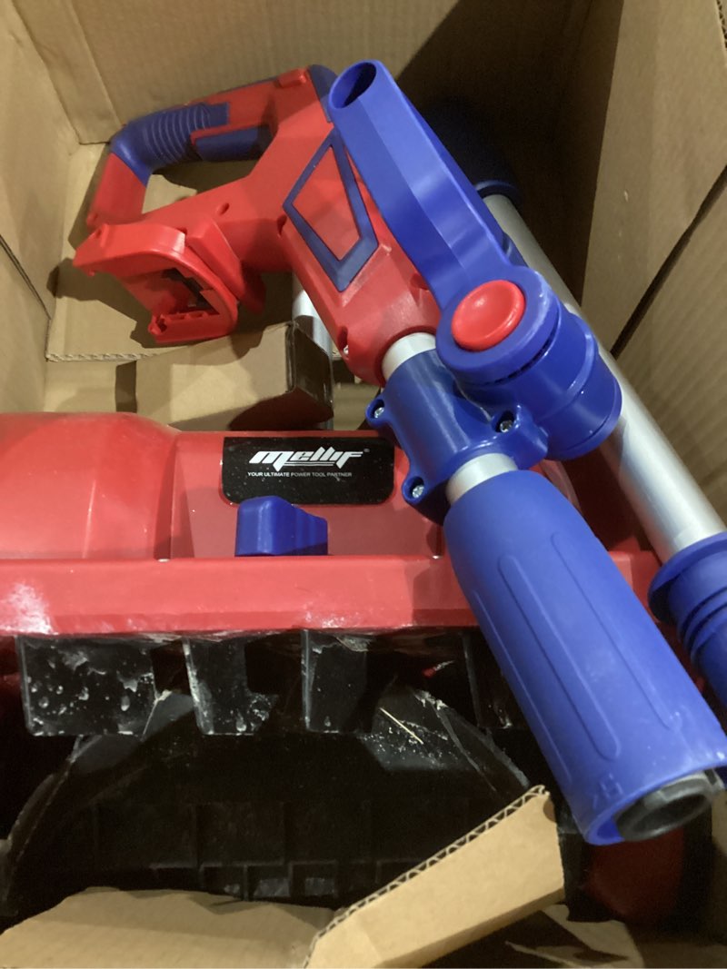 Condition photo showing As Is for mellif cordless snow shovel, 12-inch brushless snow blower compatible with milwaukee 18v battery (tool only), lightweight with adjustable chute, weather-resistant