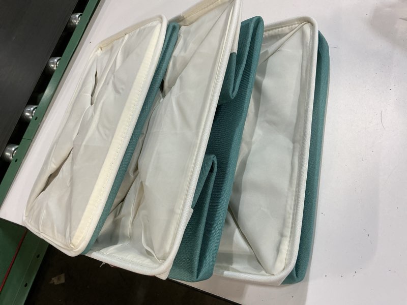 Condition photo showing Good Condition for (3 units)Bagnizer Large Fabric Storage Baskets | 50L Storage Bins, Decorative Linen Closet Baskets with Handles for Organizing, Shelf, Toys, Clothes, Home, Office, Nursery, 17x12x15Inches (Teal&White) Teal / Off-White Extra Large -17\"x12\"x15\"