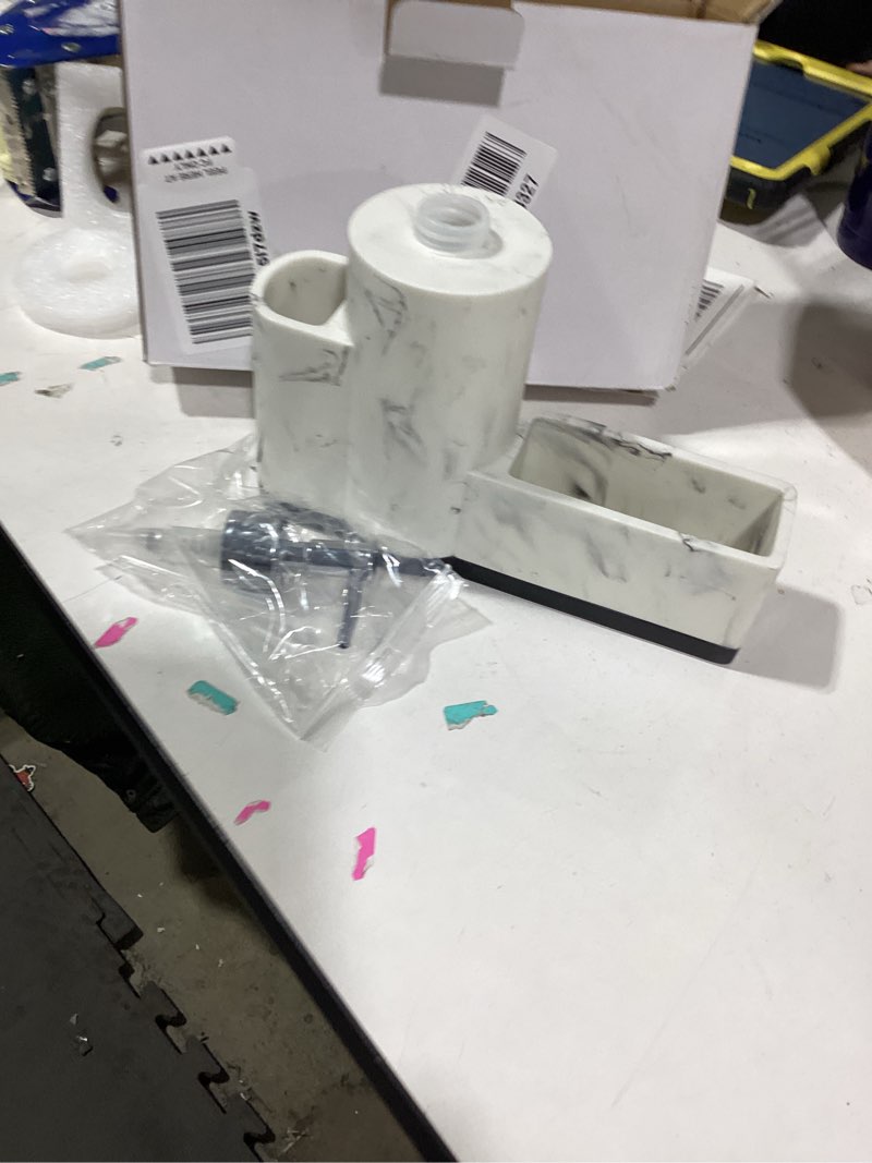 Condition photo showing New/Like New for zccz Soap Dispenser with Sponge Holder and Brush Holder, Marble Pattern Kitchen Dish Soap Dispenser Pump Bottle Countertop Sink Caddy Bathroom Organizer Sponge Holder for Sink Storage and White Marble 3 in 1