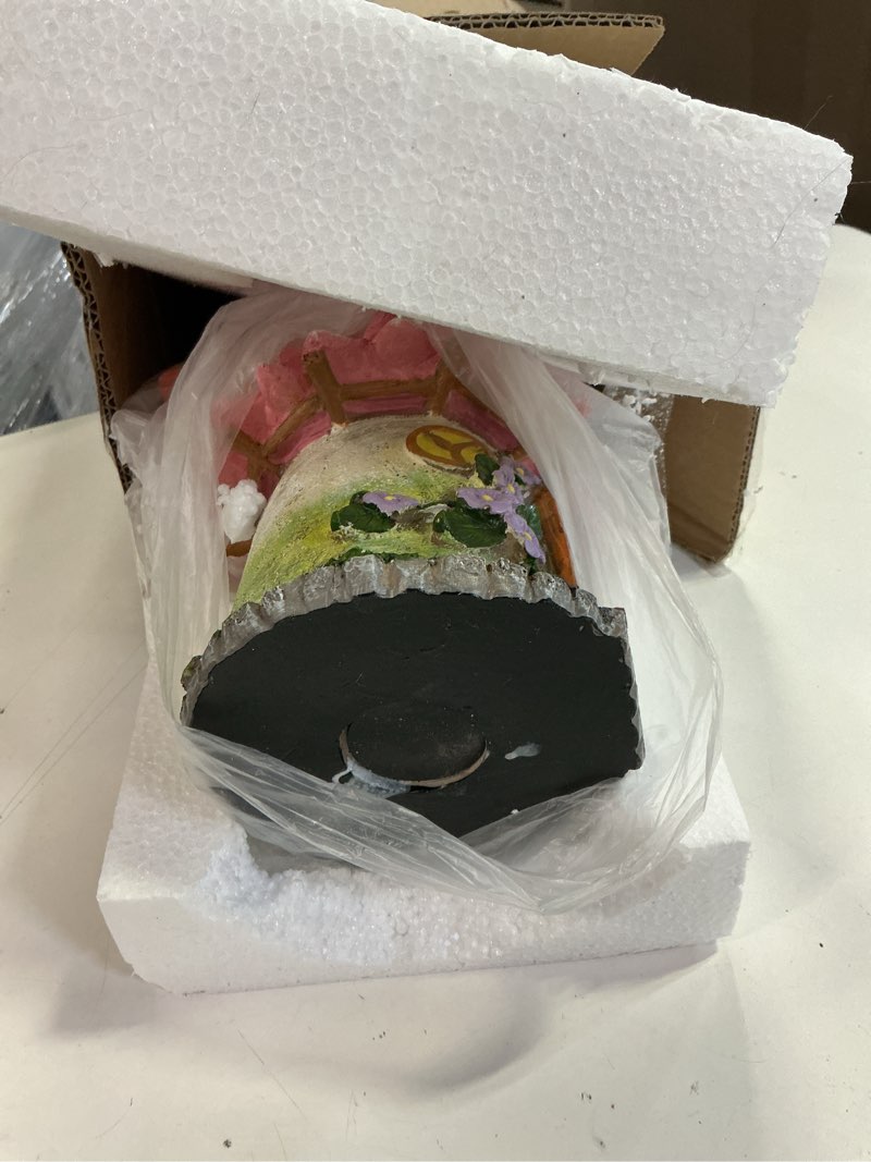 Condition photo showing As Is for glitzhome bird houses for outside, birdhouses for outdoors, 9" h resin pink roof garden hanging birdhouse for finch bluebird cardinals swallow wren chickadee 9"h pink