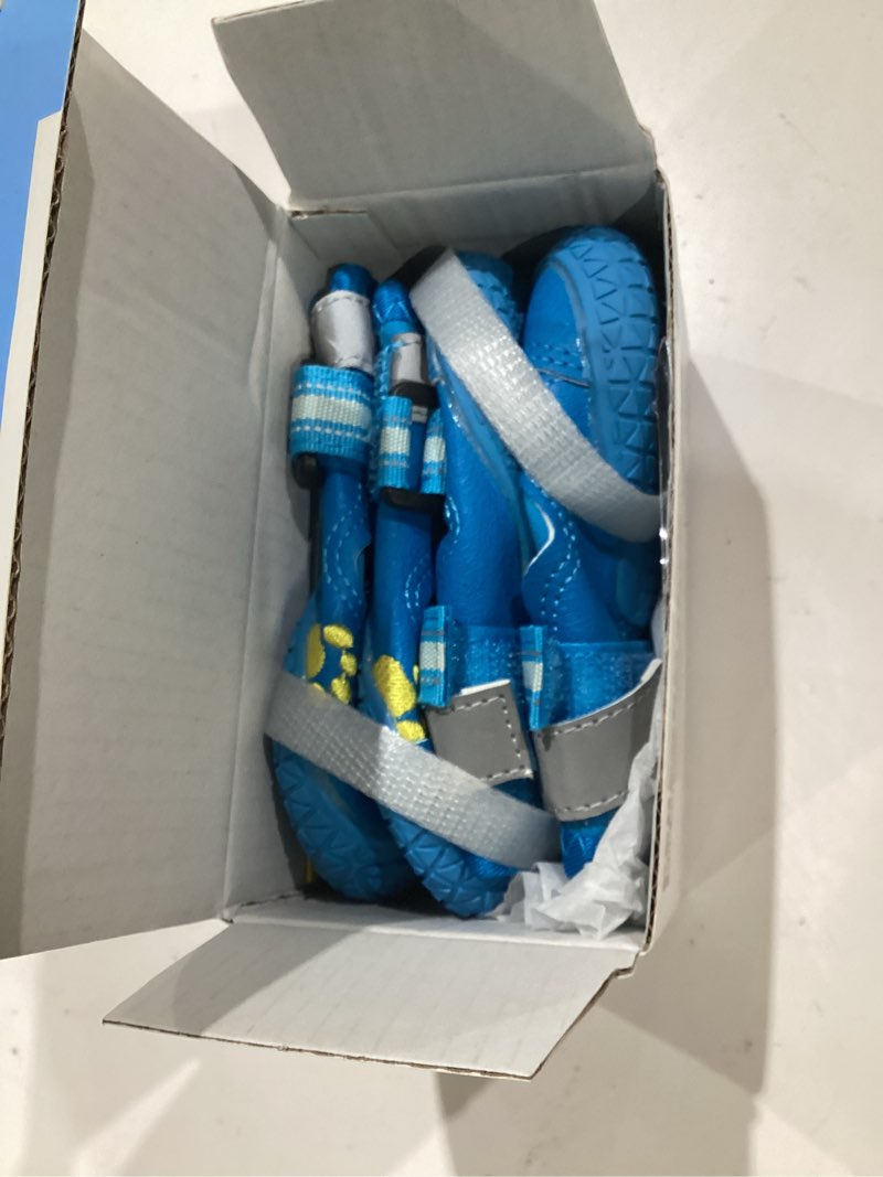 Condition photo showing Good Condition for qumy dog shoes for large dogs, medium dog boots & paw protectors for winter snowy day, summer hot pavement, water-resistant in rainy weather, outdoor walking, indoor hardfloors skid-resistant sole blue size 3: 2.0''x2.5''(w*l) (pack of 4)
