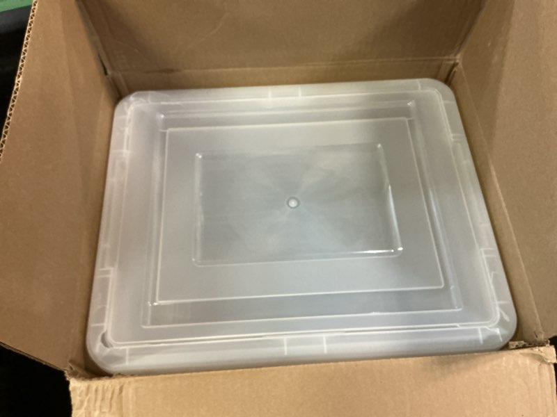 Condition photo showing As Is for iris usa file box, plastic file organizer with lids for letter/legal file, portable document box for moving, storage bin with durable and secure lid, stackable nestable bpa-free, clear 35 qt. 4 pack clear - 4 pack