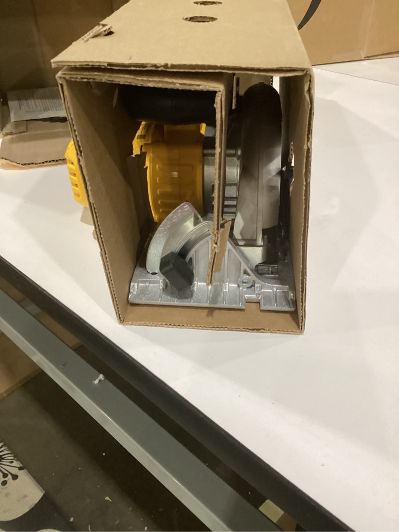 Condition photo showing As Is for dewalt 20v max circular saw, cordless sidewinder style portable, 6-1/2-inch blade, 5150 rpm, 0-50 degree bevel capability, battery not included (dcs391b) yellow 6-1/2 inches