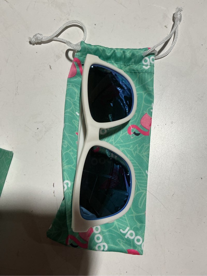 Condition photo showing Good Condition for goodr iced by yetis polarized sunglasses, medium sized (og), white solid frame with blue mirrored reflective lens, uv400 protection, no slip, no bounce