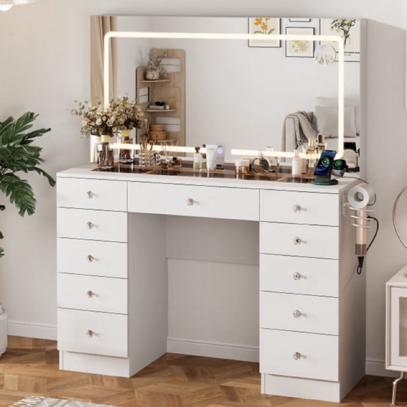  white vanity desk with mirror and lights,11 drawers makeup vanity desk with tempered glass top, adjustable brightness with 3 lighting modes,vanity with magnetic 5x magnifier for bedroom