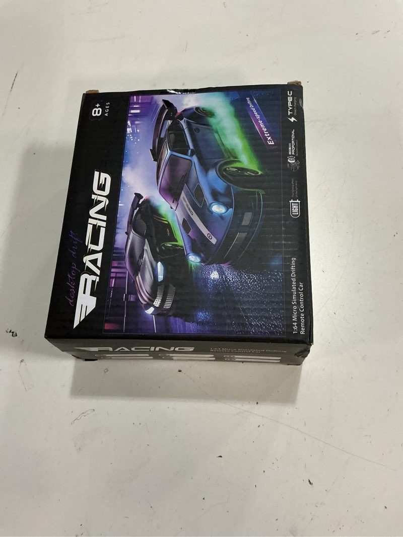 Condition photo showing New/Like New for mini rc drift car 1:64 scale, remote control car with led lights & 2-speed modes, 2.4ghz stunt drifting rc toys with 4 obstacles & track mat, hobby gift for kids & adults, blue