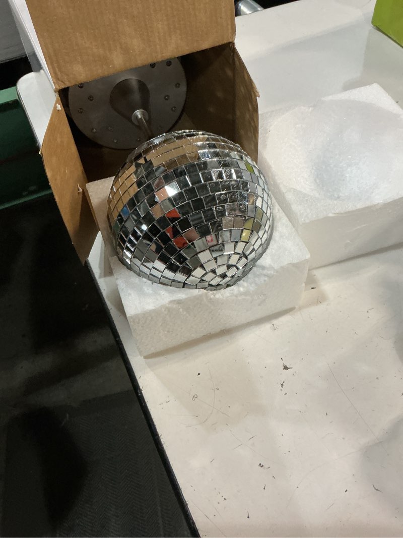 Condition photo showing Good Condition for disco ball light 5" mirror ball motor hanging rotating disco 90s party decor 5rpm with 3 light color and 18 led hanging and table 2 use for graduation wedding bar club band stage home birthday(silver)