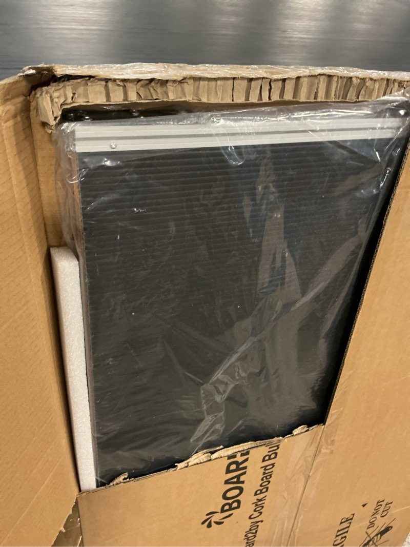 Condition photo showing As Is for cork board bulletin board 36 x 48, silver aluminium framed 4x3 corkboard, foldable office board for wall, large wall mounted notice pin board with 36 push pins for school, home & office silver 36" x 48"