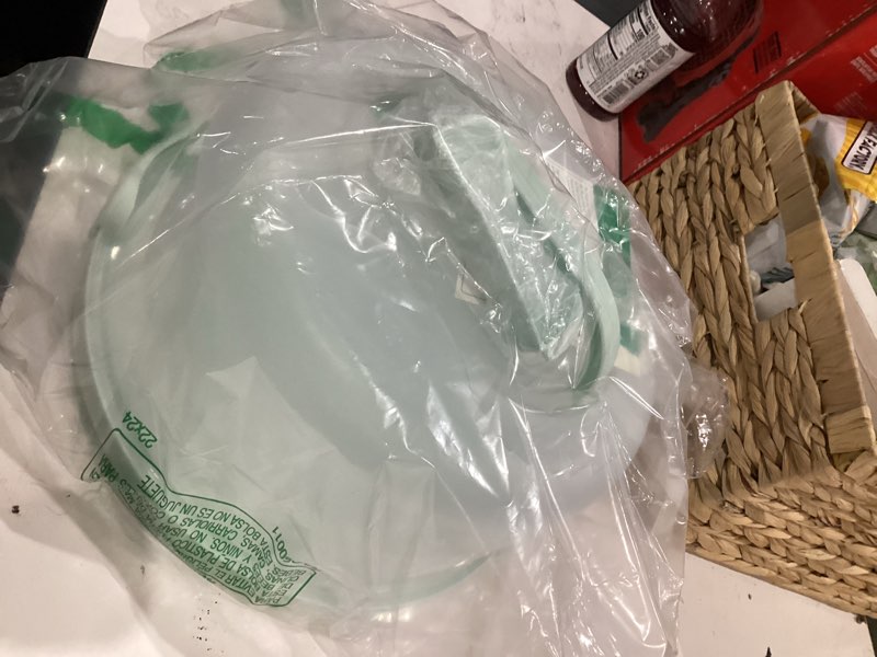 Condition photo showing As Is for Round Cake Carrier Two Sided Cake Holder Serves as Five Section Serving Tray, Portable Fits 10 inch Cake, Box Comes With Handle, Container Holds Pies (Green) Seafoam Green