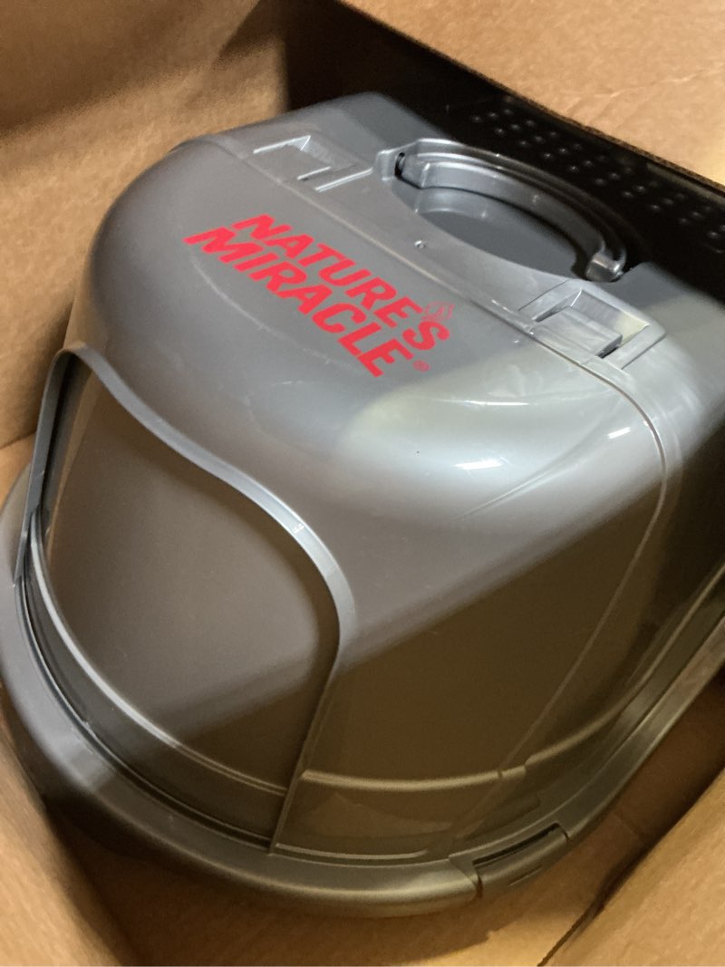 Condition photo showing Good Condition for Nature’s Miracle Hooded Flip Top Litter Box for Cats, With Built-In Odor Control Charcoal Filter Silver/Grey