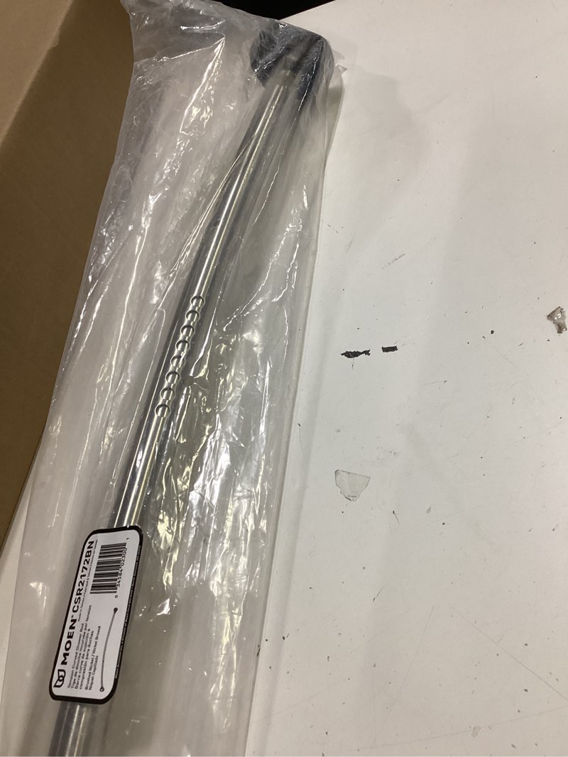 Condition photo showing As Is for moen curved adjustable spring tension no drill shower curtain rod for bathroom, brushed nickel finish, csr2172bn brushed nickel curtain rod