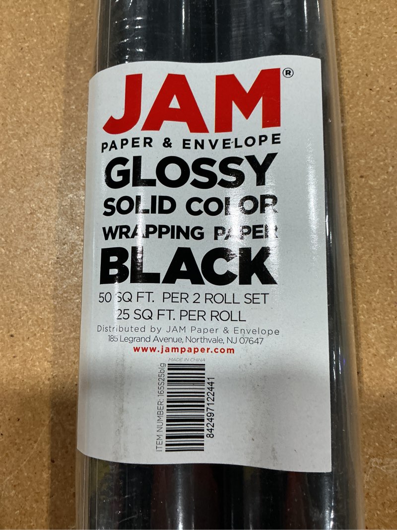 Condition photo showing New/Like New for jam paper gift wrap - glossy wrapping paper - 50 sq ft total (30 in x 10 ft each) - black - 2 rolls/pack 50 sq ft (pack of 2) black