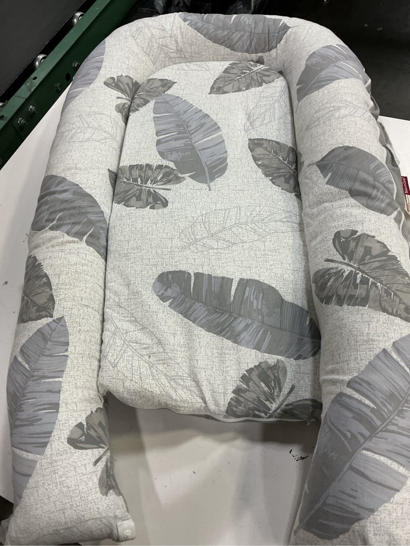Condition photo showing As Is for baby lounger - 100% cotton baby lounger for newborn with lounger cover, portable baby nest for home and travel, waterproof lining, newborn babies essentials gifts large leaves