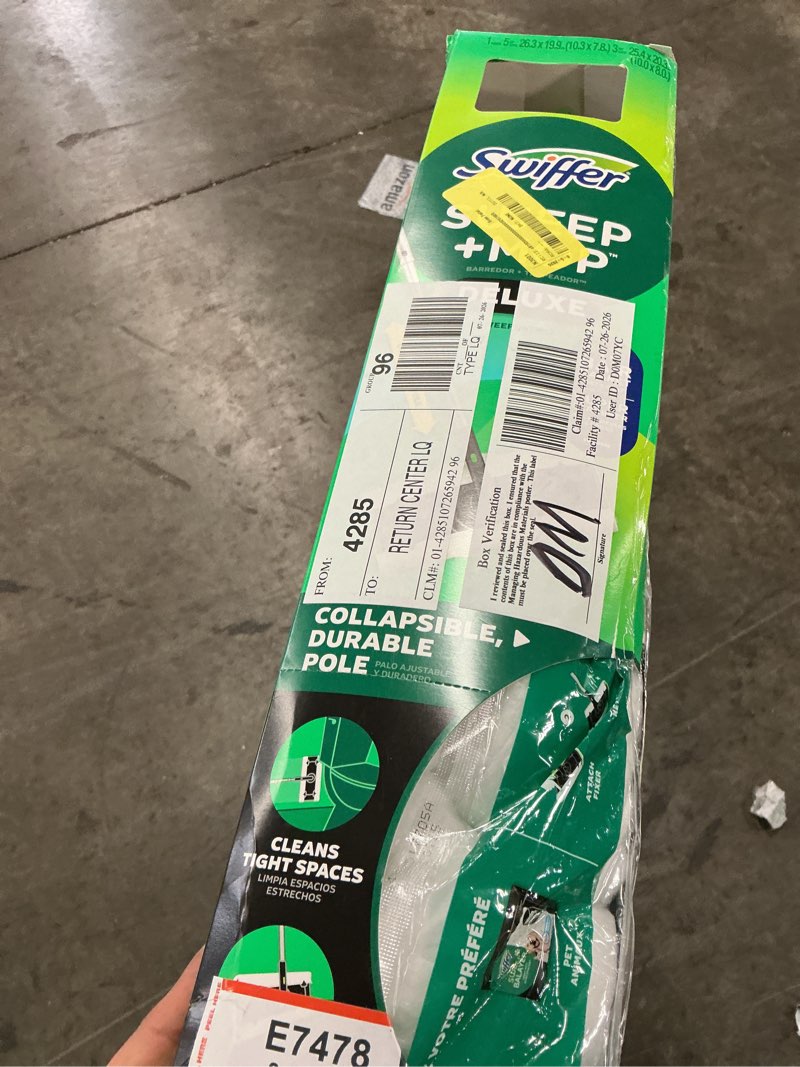 Condition photo showing As Is for swiffer mop & go deluxe kit with dry & wet refills, 1 handle + 2 hair magnet dry pads & wet pad refills